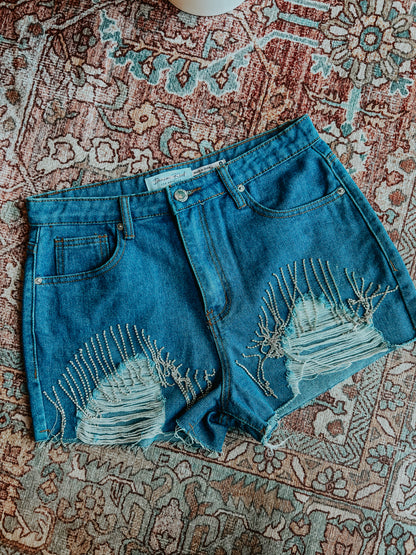 Rhinestone Fringe Denim Shorts