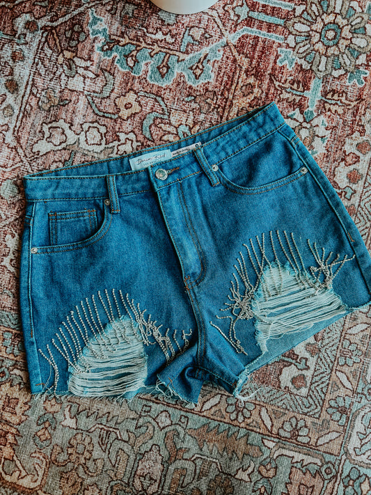 Rhinestone Fringe Denim Shorts