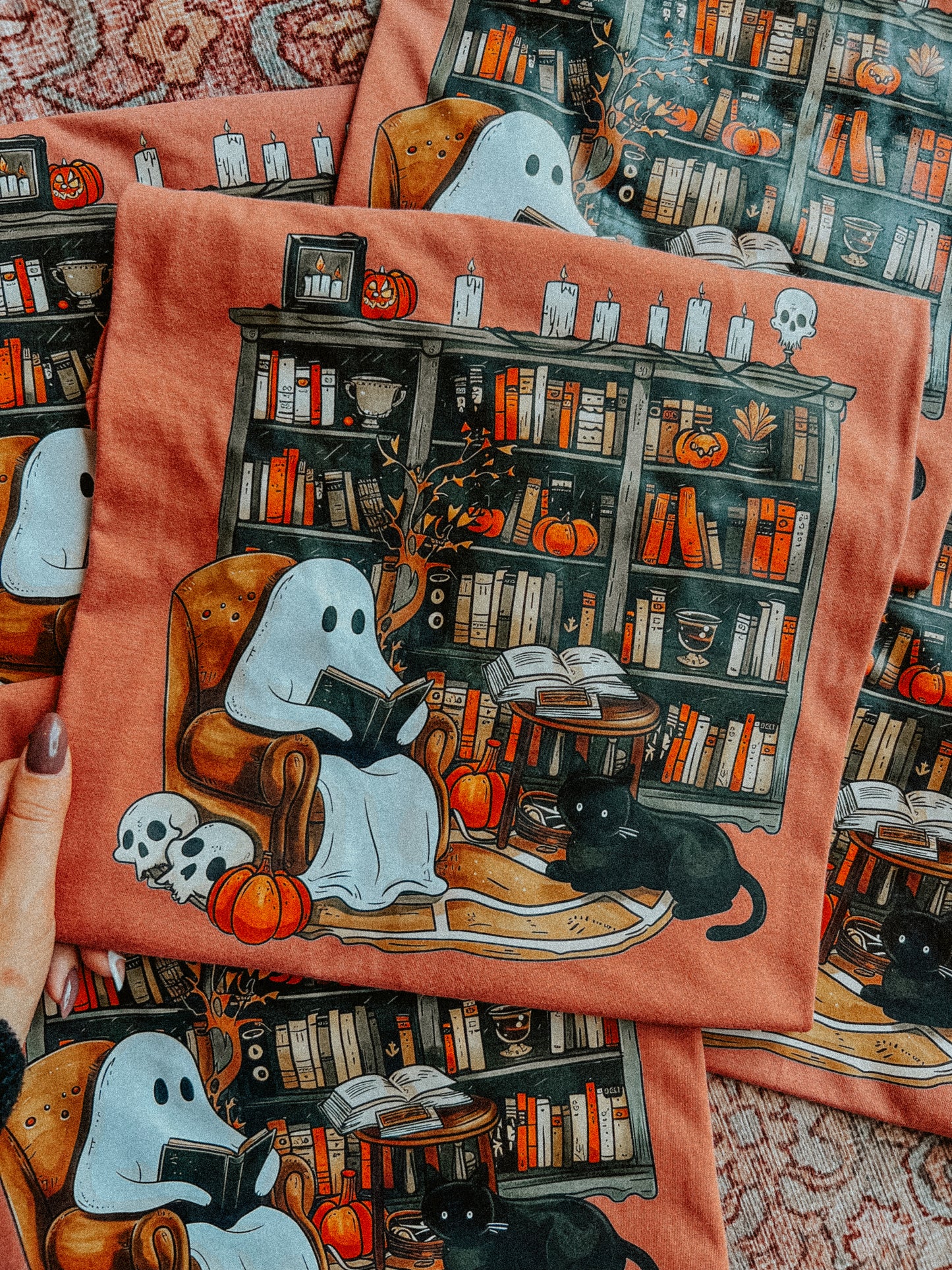 Halloween Ghost Reading Graphic T-Shirt