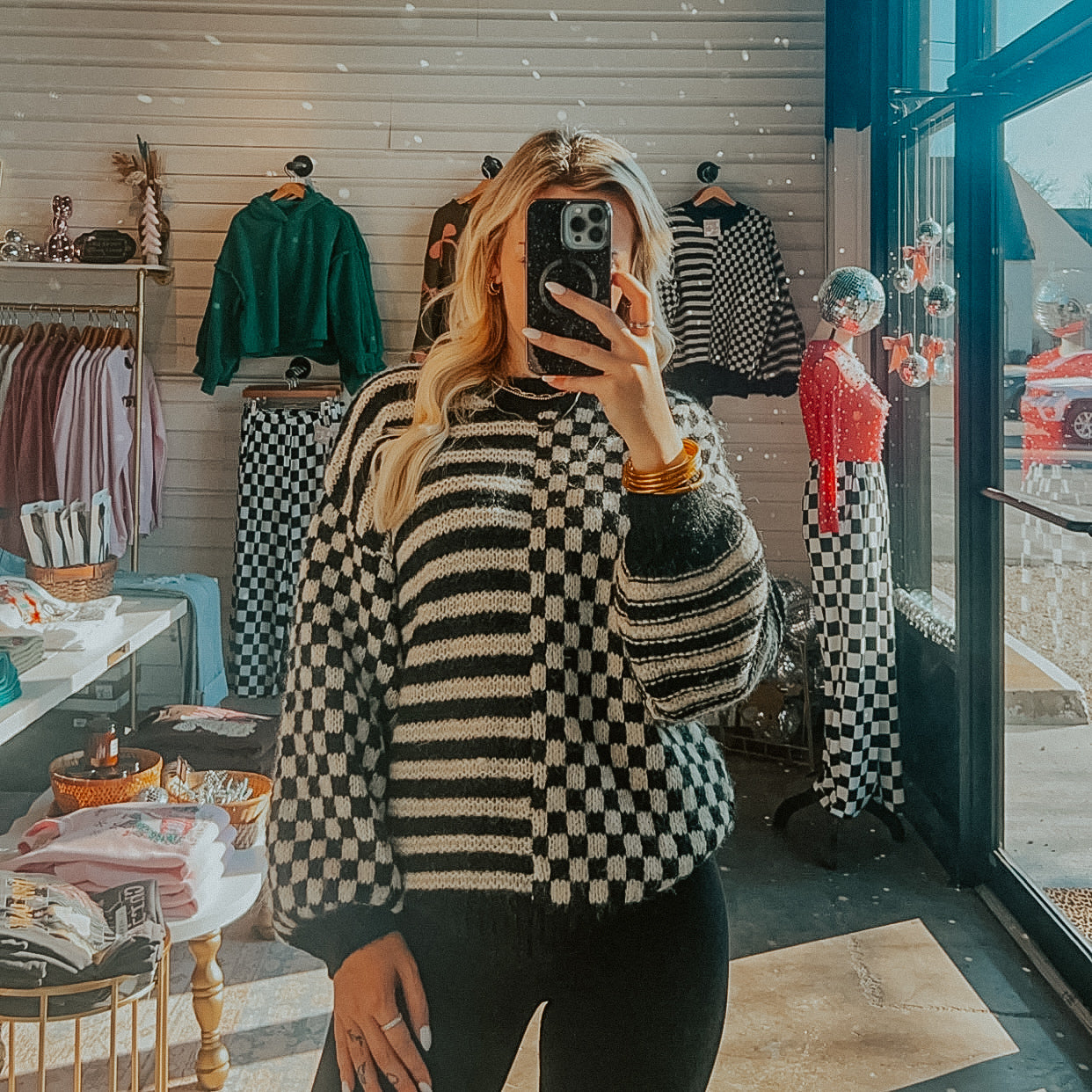 Stripe and Checkered Crewneck Knit Sweater