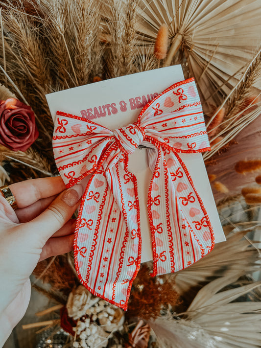 Valentine Ribbon & Hearts Bow Clip